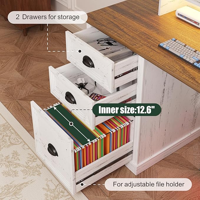 FREDEES Executive L Shaped Desk with Led Lights and Movable Stand, 59 inch Farmhouse Corner Computer Desk with File Drawers, Home Office Desk with Charging Station for Working, Gaming - Antique White