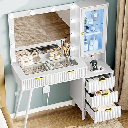 Vanity Desk with Mirror and Lights, 45" Fluted Makeup Vanity Desk with Lights &5 Drawers, Glass Top Vanitys with Lighted Mirror and RGB Cabinet, Dressing Table with Power Outlet for Bedroom, White