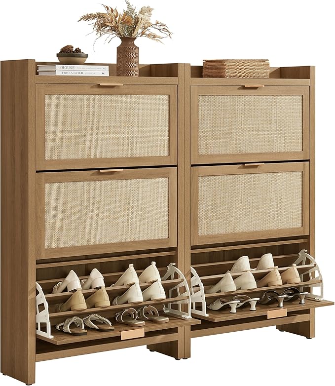 SICOTAS Rattan Shoe Storage Cabinet with 6 Flip Drawers, 57.4" Tall Shoe Organizer Cabinet for Entryway, Holds 50 Shoes, Farmhouse Narrow Shoe Rack Cabinet for Foyer, Hallway, Oak, 2PCS