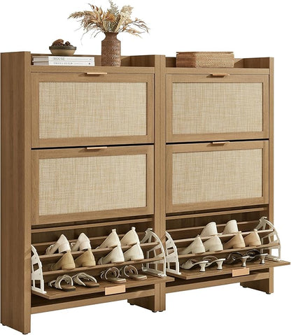 SICOTAS Rattan Shoe Storage Cabinet with 6 Flip Drawers, 57.4" Tall Shoe Organizer Cabinet for Entryway, Holds 50 Shoes, Farmhouse Narrow Shoe Rack Cabinet for Foyer, Hallway, Oak, 2PCS