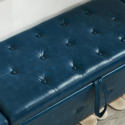 Furniliving Storage Bench, 48‘’ Upholstered PU Leather Ottoman Bench with Button-Tufted, Folding Bedroom Bench with Wood Legs, Entryway Bench for Bedroom, Navy Blue