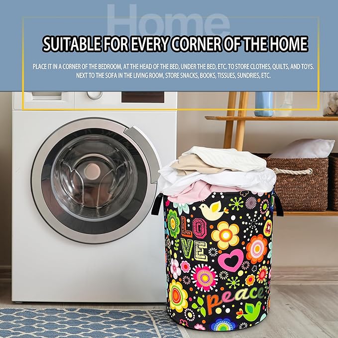 NUTAINLA Peace Hippie Flower Laundry Basket Foldable Oxford Cloth Funny Tote Bag Laundry Hamper Clothes Storage Bucket Toy Organizer For Bathroom/Laundry Storage/Bedroom 18.9x16.5 Inch