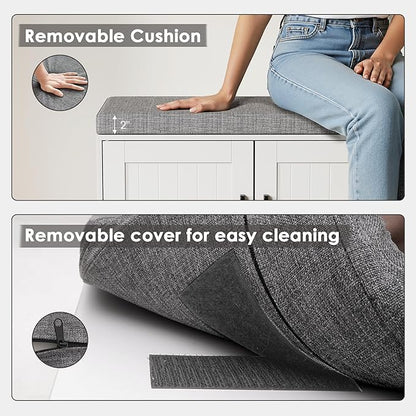 3-Tier Shoe Cabinet Storage with Adjustable Shelf Entryway Shoe Bench with Thickened Padded Seat Cushion Storage Bench with 3 Doors for Entry, Bedroom, Hallway (White Gray,46.3 * 13.8 in)