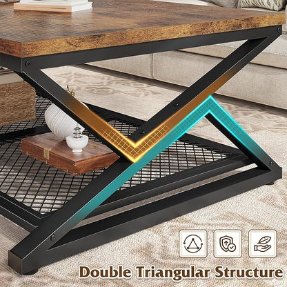 EnHomee Rustic Coffee Table with Storage, Farmhouse Coffee Table with Mesh Shelf, 2 Tier Rectangular Center Table for Living Room, Home Office, 47.2 Inch, Rustic Brown