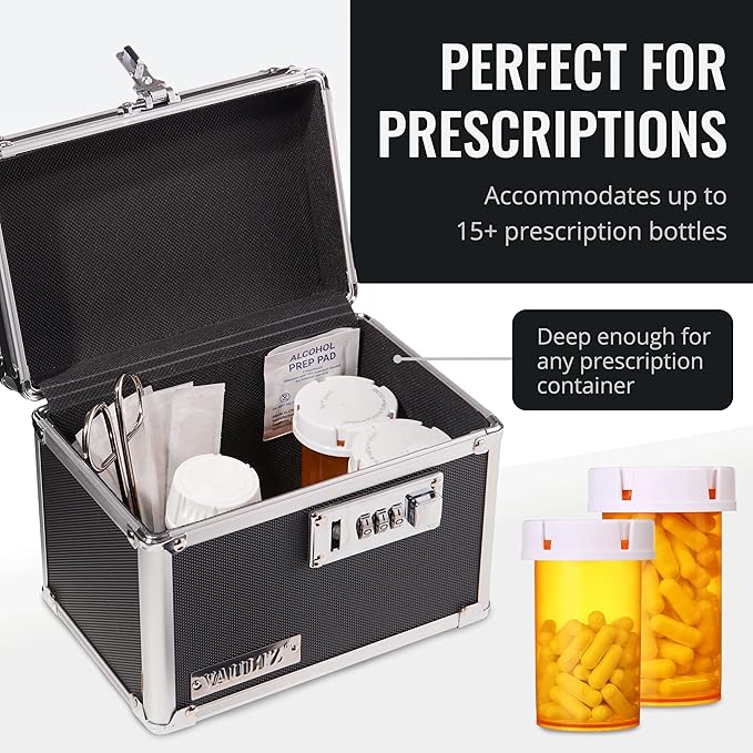 Vaultz Secure Security Lock Boxes - Safe Combination Lock Box, Storage for Documents, Valuables, Medicine & Money - 9.88 x 7.75 x 7 Inch - Black/Chrome