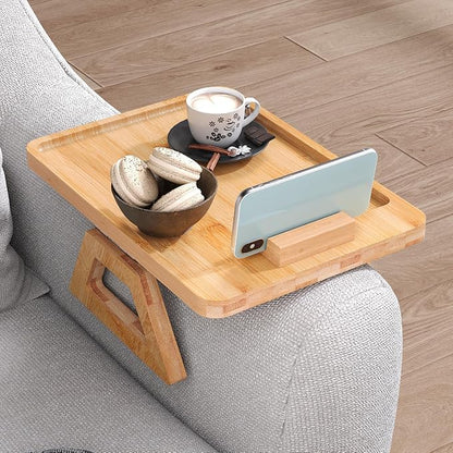 Couch Arm Tray with 360°Phone,Bamboo Folding Sofa Tray,Sofa Armrest Trays Clip-On Couch Desk for Drinks,Snacks,Phone,Remote Control（Natural）