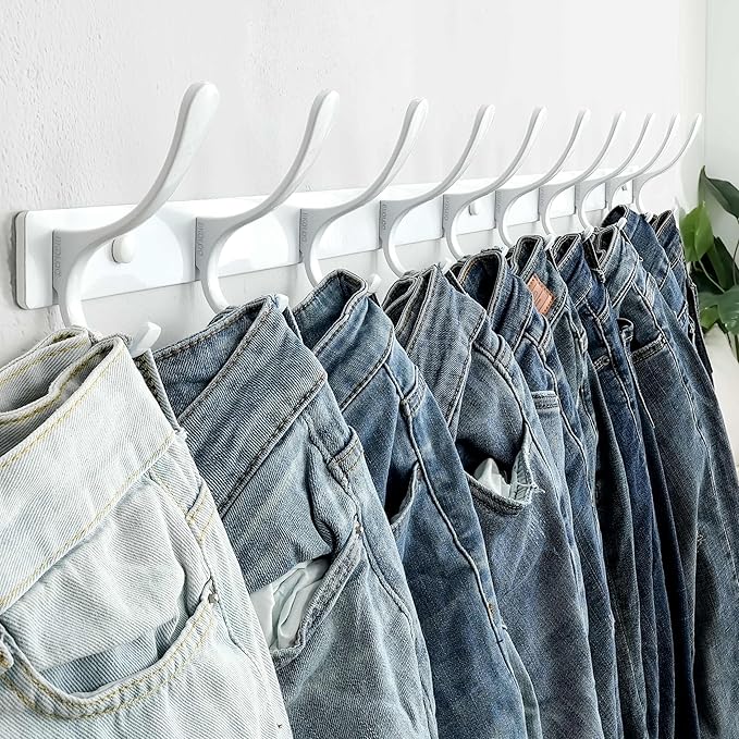 SKOLOO Coat Rack Wall Mounted - 10 Hooks, Pack of 2, Heavy Duty, Stainless Steel, Metal Wall Hangers, Sturdy Coat Hooks for Hanging Coats, Jacket, Clothes, Hat, White