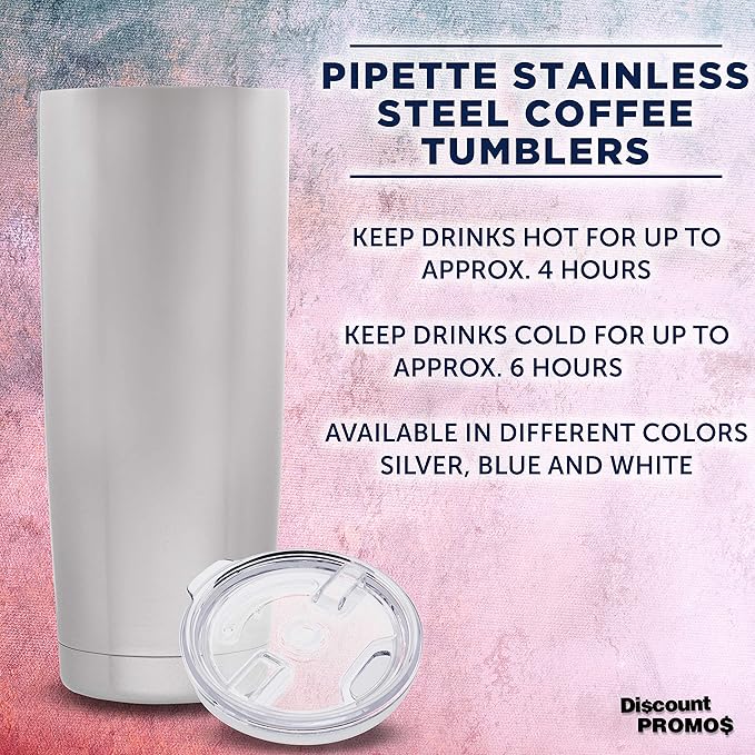 DISCOUNT PROMOS Pipette Stainless Steel Coffee Tumblers 20 oz. Set of 6, Bulk Pack - Double Wall, Perfect for Coffee, Hot Cocoa, Other Hot & Cold Beverages - Silver