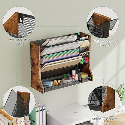 Jakyitvi Wall Desk File Organizer 5 Tiers, Ironwood Hanging File Organizer with R-shaped Tray, Wall File Holder for Office Home, 4 Pull-Out Divider and Pen Slots to Sort File,Mail,Newspaper,Pen, Brown