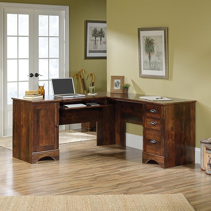 Sauder Harbor View L Shaped Computer Desk Home Office with File Cabinet Storage Drawer, Cable Management, Keyboard Tray, in Curado Cherry finish