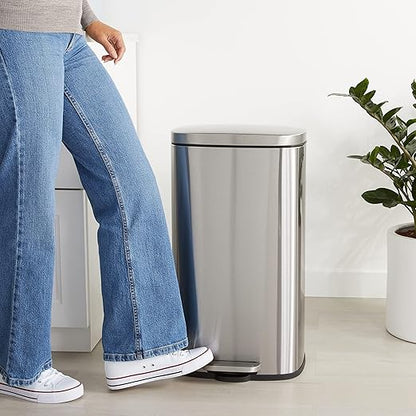Amazon Basics Smudge Resistant Rectangular Trash Can with Soft-Close Lid, Foot Pedal, Removable Inner Bucket, 30 Liter/7.9 Gallon, Brushed Stainless Steel, Satin Nickel Finish, 13.8"L x 11.8"W x 25"H