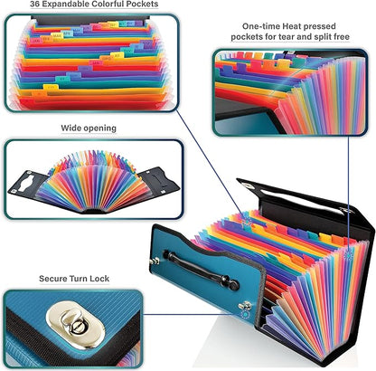 CNK Accordion File Organizer - 36 Pocket Teal Folder with Ergonomic Handle, Double Lock Buckles, Protects Documents, Durable Polypropylene, 8.5 x 11 in