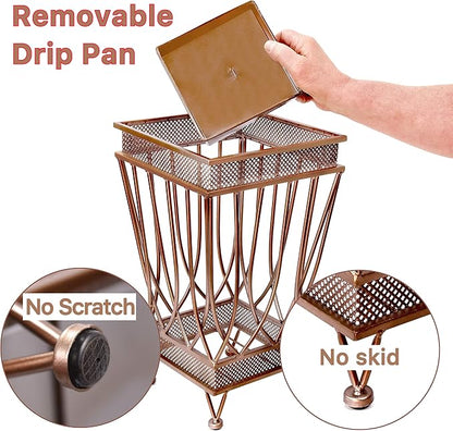 Dualplex Super Quality Umbrella Stand, Umbrella Holder, Antique Look Metal Entry Hallway Décor Square Style w/Removable Drip Tray Home Office Decoration Rack Holds Umbrellas Canes Walking Sticks