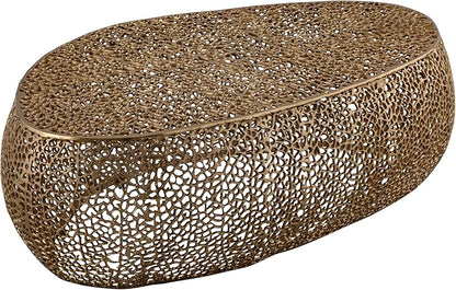 Modern Contemporary Oval-Shape 50" Coffee Table, Solid Aluminum intrigued Design, Mesh Cocktail Table, Creative Center Table for Living Room and Bedroom, Casted in Gold