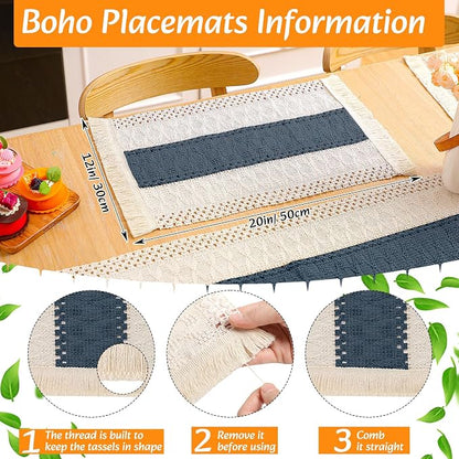 6 Sets Boho Decoration Placemats Round Woven Placemats, Cloth Napkins, Wood Bead Napkin Rings, Long Table Runner and Farmhouse Burlap Cotton for Table Kitchen (Blue,12x72)
