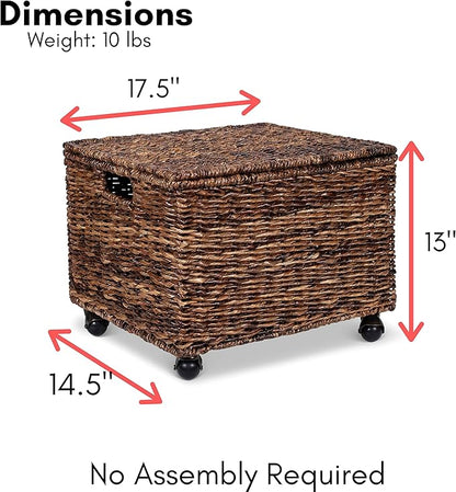 BIRDROCK HOME Rolling File Cabinet with Lid | Small Wooden Under Desk Organizer | Seagrass Basket with Wheels | Portable Home Office Filing System - Mini Decorative Box, Single Drawer, Brown Wash
