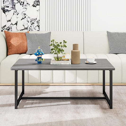 35.4" Rectangular Coffee Table for Living Room, Modern Industrial Style Coffee Table Center Table with Metal Frame for Small Space, Apartment, Office, Easy Assembly, Grey