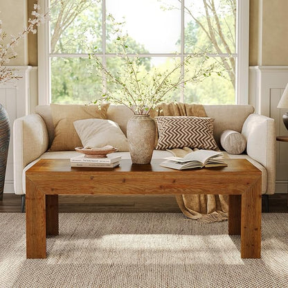 Rectangular Coffee Table, 47-Inch Solid Wood Living Room Coffee Table, Mid Century Modern Center Cocktail Table for Living Room, Apartment, Office, Antique Brown