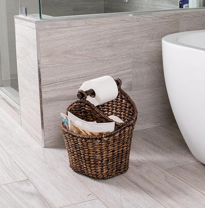BIRDROCK HOME Seagrass Magazine and Bathroom Basket - Hand Woven Toilet Paper Holder with Pocket - Grey Wash - Stylish Decorative Design - Wooden Basket Décor - Dispenser