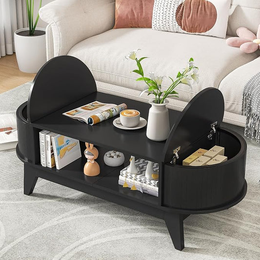 Coffee Table with 2 Hidden Storage,Mid Century Modern Coffee Table with Fluted Finish,Wood Center Tables Oval Coffee Tables with Flip-Top Lids for Living Room Home Office (Black)