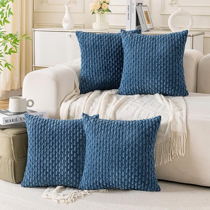 Set of 4 Blue Decorative Throw Pillow Covers 24x24 Inch Corduroy Pillow Covers for Bed Couch Sofa Living Room Soft Square Cushion Cases