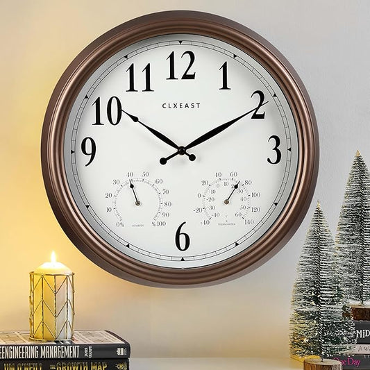 CLXEAST Indoor Outdoor Clocks Waterproof 18 Inch, Large Outdoor Clock with Temperature and Humidity Combo,Weatherproof,Bronze/Brown