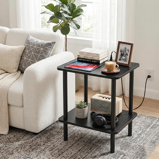 FORAOFUR End Table with Charge Station, Black Small Side Table with USB Ports and Outlets, Narrow Side Table for Living Room, Bedroom and Office, Small Nightstand with Charging Station