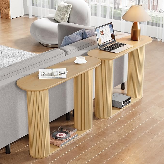 Fluted Console Table, Farmhouse Oval Curved Entryway Table with Storage and Fluted Wood Legs, Narrow Sofa Table Small Long Entry Table for Entrance, Hallway, Living Room (Natural)