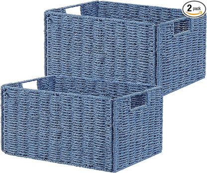 Vagusicc Wicker Storage Basket, Set of 2 Hand-Woven Paper Rope Wicker Basket, Small Storage Baskets for Organizing Toilet Paper, Foldable Large Cube Storage Organizer Bins for Shelves (Blue)