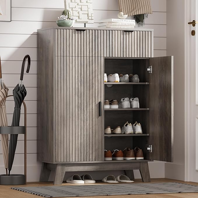 Shoe Cabinet Storage for Entryway with Doors, 4 Tier Fluted Shoe Organizer with 2 Drawers, Entryway Shoe Storage with Adjustable Shelves, Freestanding Hidden Shoe Rack for Front Door Entrance, Grey