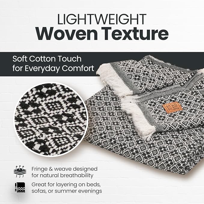 Gold Case Throw Blanket for Couch - 100% Recycled Turkish Cotton Blankets & Throws - Retro Soft Throw Blankets for Living Room - Boho Decorative Woven Couch Blanket - 50x60 - Black