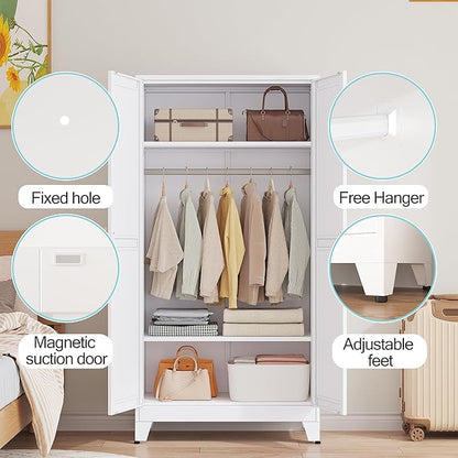 erosoei 71 "Metal Armoire Wardrobe Closet, Steel Clothing Storage Cabinet with Adjustable Shelves and Hanging Rod, Household Steel Wardrobe Storage Cabinet with Adjustable Standing feet (White)