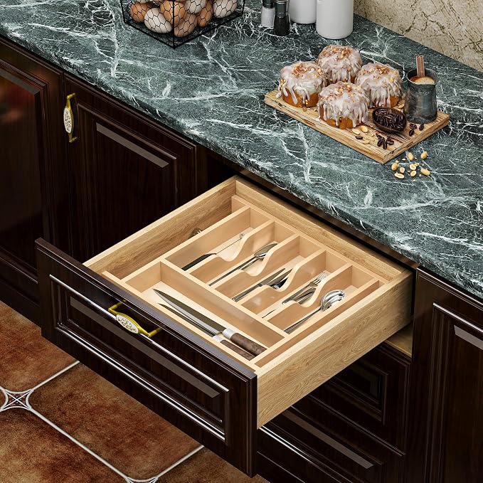 Clikuutory Natural Birch Wood Utensil Drawer Insert Organizer with 9 Compartments, Space-Saving Sturdy Drop-In Cutlery Divider Tray, Kitchen Cabinet Storage for Silverware, Spoons, Forks and Knives