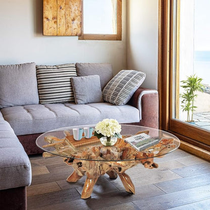 CHIC TEAK Genuine Teak Wood Root Coffee Table Including 55 Inch Round Glass Top Made