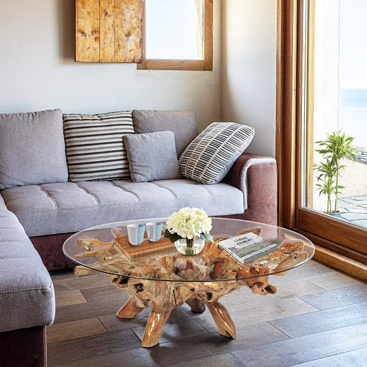 CHIC TEAK Genuine Teak Wood Root Coffee Table Including 55 Inch Round Glass Top Made