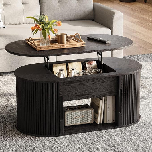 LINSY Lift Top Coffee Table, Oval Fluted Coffee Table with Storage, Mid Century Modern Wooden Coffee Tables with Sliding Tambour Door, 39" Center Table for Living Room, Office, Small Space, Black
