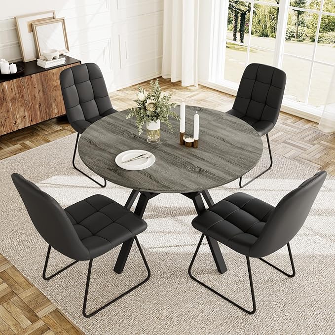 Extendable Round Dining Table Set for 4 People, 43.3"-59.1" Extendable Kitchen Table with 4 Upholstered Chairs, Space Saving for Kitchen Dining Room (Grey Table+4 U-Shaped Black Chairs)