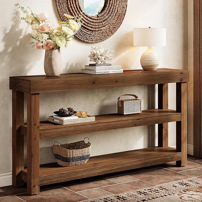 Solid Wood Entry Console Table, 63-Inch Narrow Sofa Table Behind The Couch, Entryway Furniture with Storage Shelves for Hallway Foyer Living Room, Dark Brown