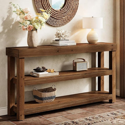 Solid Wood Entry Console Table, 63-Inch Narrow Sofa Table Behind The Couch, Entryway Furniture with Storage Shelves for Hallway Foyer Living Room, Dark Brown