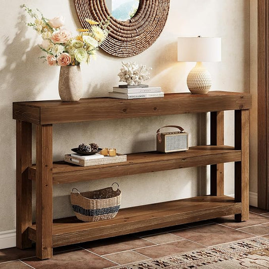 Solid Wood Entry Console Table, 63-Inch Narrow Sofa Table Behind The Couch, Entryway Furniture with Storage Shelves for Hallway Foyer Living Room, Dark Brown