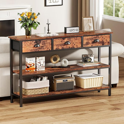 Furologee Long 47" Console Sofa Table with 3 Drawers, Entryway Table with 3-Tier Storage Shelves, Industrial Display Shelf for Entry Way, Hallway, Couch, Living Room, Kitchen, Foyer, Rustic Brown