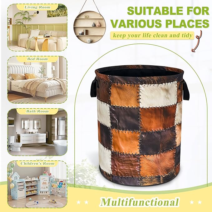 Cow Print Laundry Basket Funny Brown Cowhide Foldable Waterproof Oxford Cloth Tote Bag Laundry Hamper Round Large Clothes Storage Bucket Toy Organizer For Bathroom/Laundry Storage/Bedroom 18.9x16.5 In