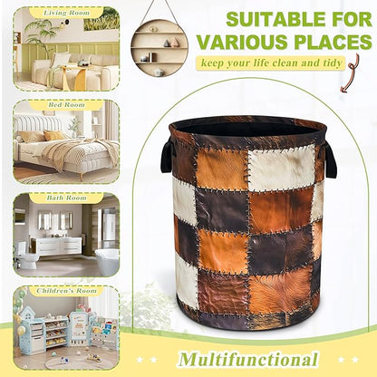 Cow Print Laundry Basket Funny Brown Cowhide Foldable Waterproof Oxford Cloth Tote Bag Laundry Hamper Round Large Clothes Storage Bucket Toy Organizer For Bathroom/Laundry Storage/Bedroom 18.9x16.5 In