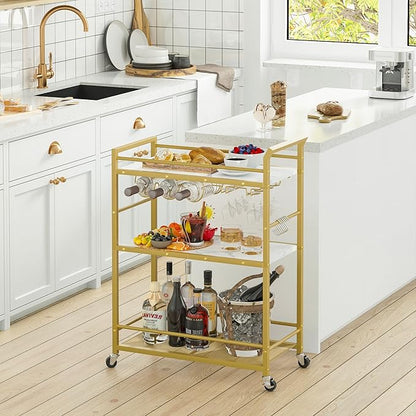 3 Tier Bar Cart, Small Beverage Cart, Mini Bar Cart with Wine Rack, Home Bar Serving Cart with Wheels for Kitchen Dining Living Room (Gold, General)