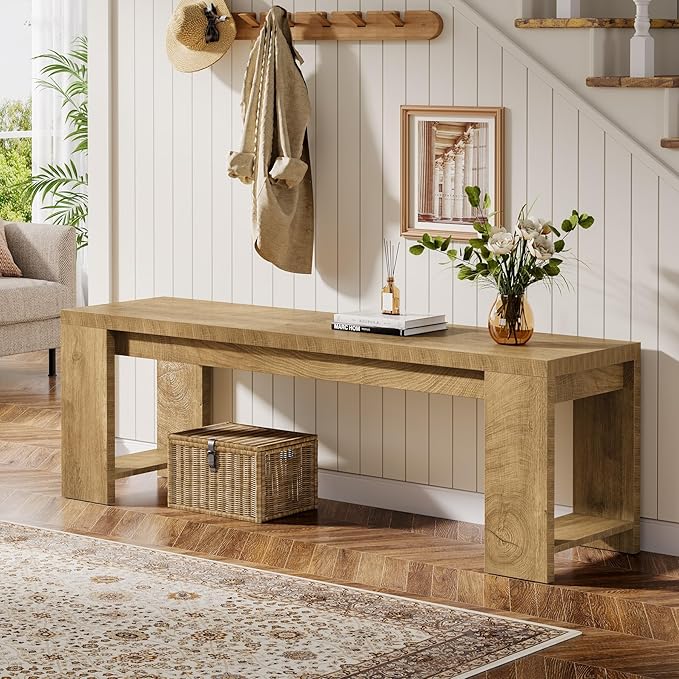 Tribesigns 47.2” Wooden Entryway Bench, Modern Farmhouse Shoe Bench for Hallway, Foyer, Bedroom, Rustic Brown