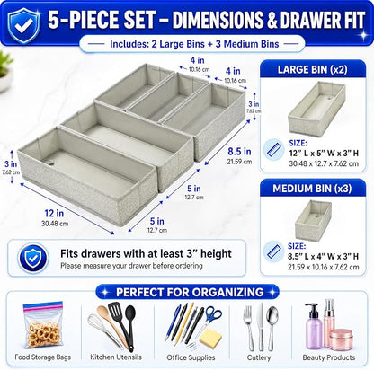 Drawer Organizer, 5-Piece Rigid Fabric Bins for Kitchen | Ideal for kitchen, bathroom, cosmetics, utensils, silverware, and gallon, quart, sandwich & snack bags