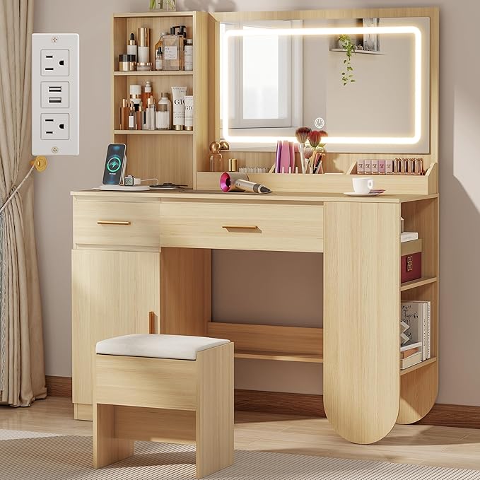 GOODONE 47'' Wood Vanity Desk with Mirror and Lights, Makeup Girls Vanity Set with 2 Drawers, 2 Storage Shelves & 1 Cabinet, Power Outlet, Stool, Dressing Table for Bedroom, Nature
