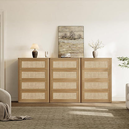 SICOTAS 4 Drawer Dresser for Bedroom-40.59'' Tall Rattan Bedroom Dressers with Oversized Drawers, Modern Wooden Chest of Drawers, Push-to-Open Storage Dresser for Closet, Nursery, Amber Oak, 3PCS