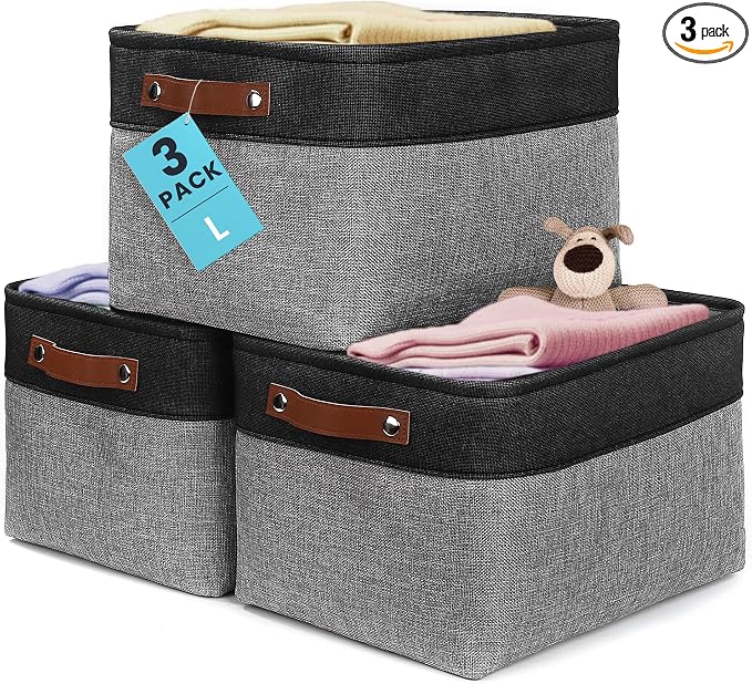 OrganiHaus 15x11in Canvas Storage Baskets 3 Pack | LARGE Fabric Bins for Shelves | Closet & Bedroom Storage | Gray/Black