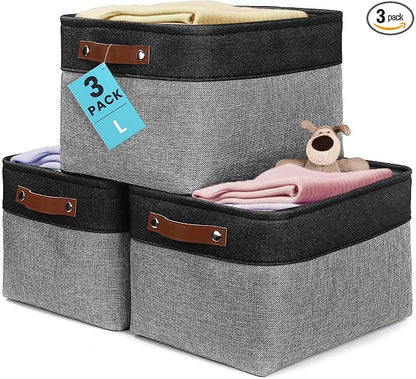 OrganiHaus 15x11in Canvas Storage Baskets 3 Pack | LARGE Fabric Bins for Shelves | Closet & Bedroom Storage | Gray/Black
